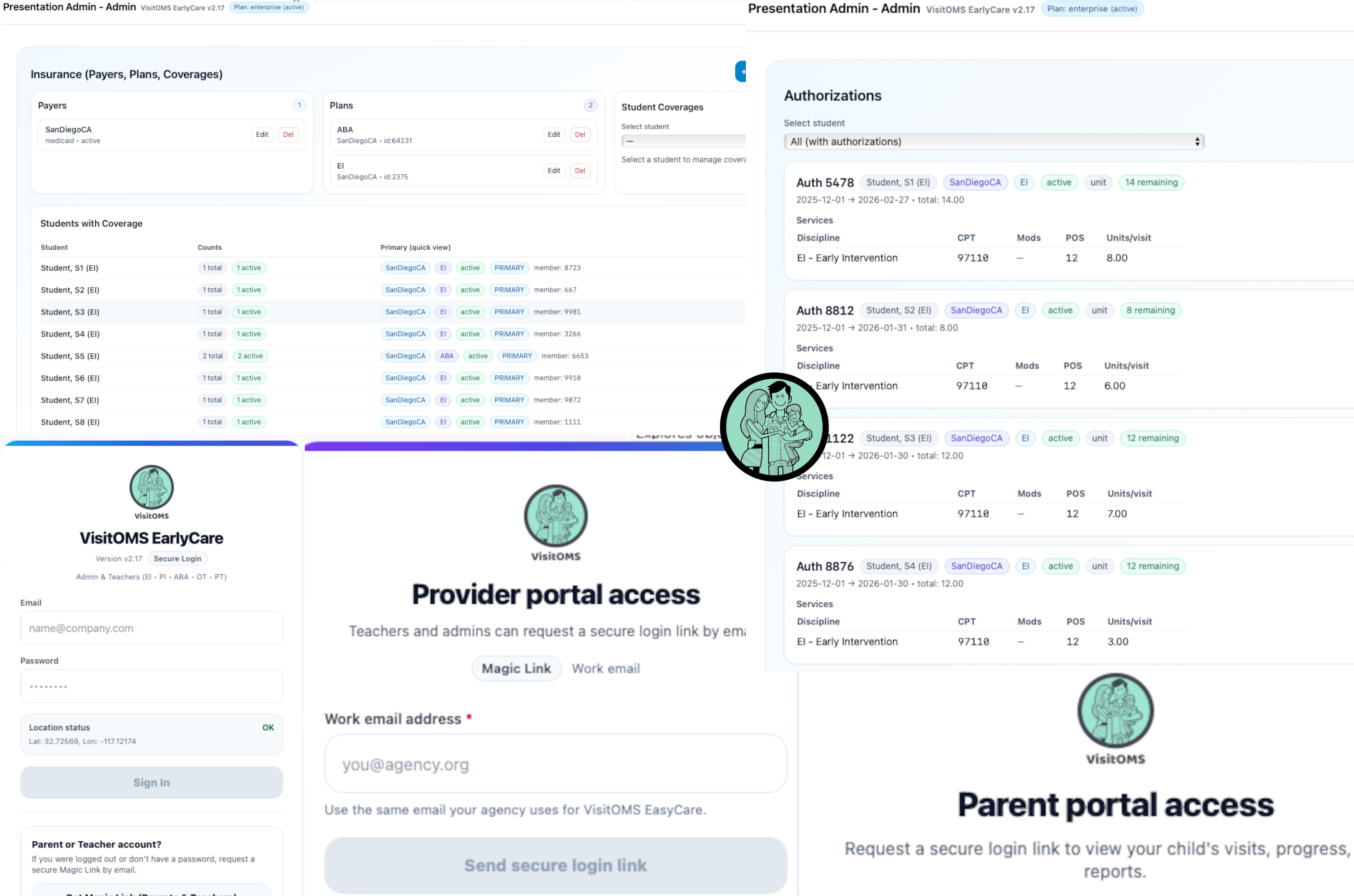 Secure portals for admins, providers, and parents